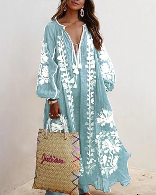 Boho Elegant Print MooMoo Dress For Women | Loose Luxury MooMoo V Neck |  Lace Up Big Hem MooMoo Dresses 2025|  Fashion New Lady MooMoo Robe